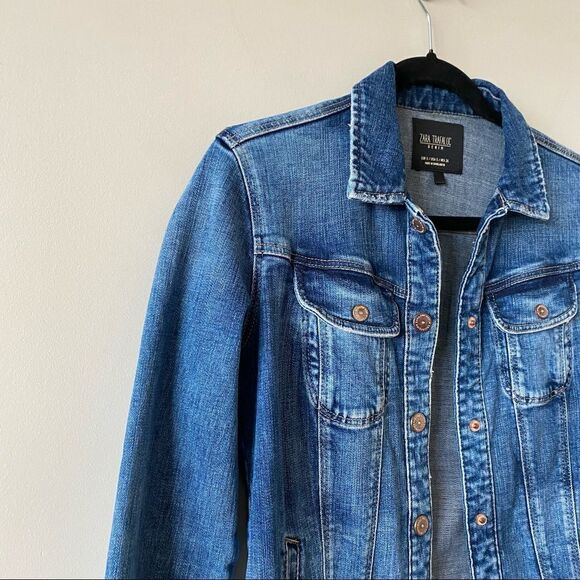 ZARA-FITTED Denim Mid Wash Distressed Jacket - Picture 5 of 13